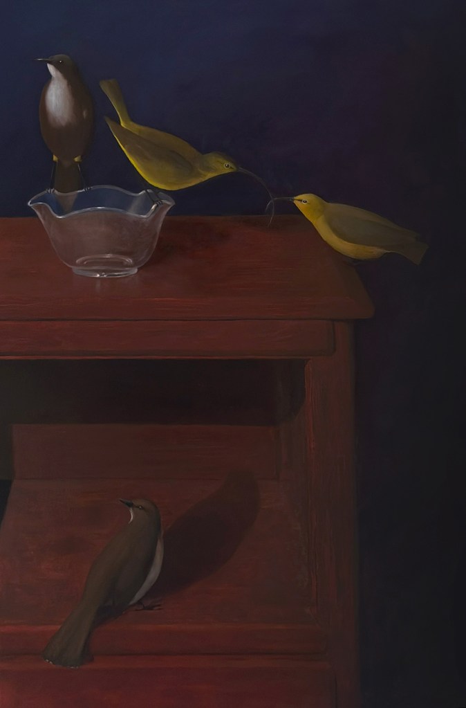 Kauaʻi ʻōʻō, ‘akialoa, nukupu’u, and kāmaʻo, with Grandma’s bowl